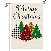 HOMETITUTE Merry Christmas Tree Pattern Garden Flag Double Sided 12x18 Inch Burlap Holiday Garden Flag Red Plaid Leopard Green Trees Seasonal Banner for Indoor and Outdoor Decoration Yard Lawn Decor