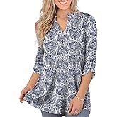 Othyroce Womens Floral Printed Tunic Tops 3/4 Roll Sleeve V Neck Blouses Long Sleeve Shirts for Women