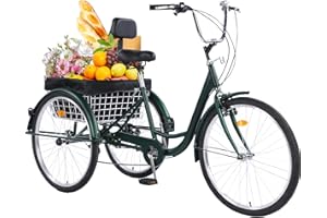 Jacgood Adult Tricycle，24/26-Inch Adult Trikes, 3 Wheel Cruiser Bike with Large Basket & Adjustable Seat, Shopping Picnic Tricycles for Women, Men, Seniors