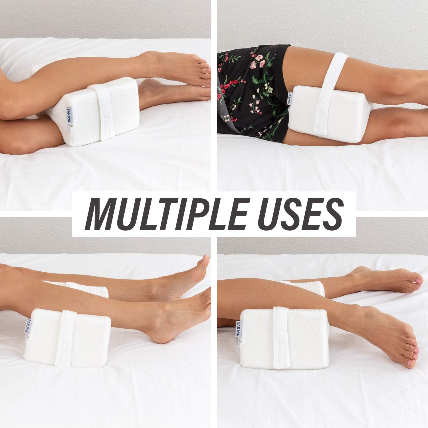 SARJON Premium Memory Foam Knee Pillow. Orthopedic Side Sleeper Wedge Pillow for Back, Leg, Hip, Joint, Pregnancy & Sciatica Pain Relief. Soft Bamboo Washable Cover with Adjustable Strap. White.: Home & Kitchen