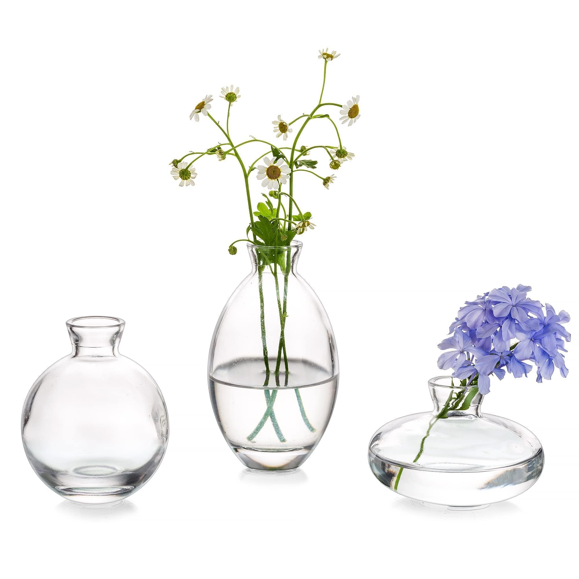 Glasseam Clear Glass Bud Vase, 3Pcs/Set Modern Decorative Small Mini Flowers Vases Short Minimalist Aesthetic Home Decor Vintage Cute Handmade Tiny Wedding Table Centerpieces for Single Flower Rose