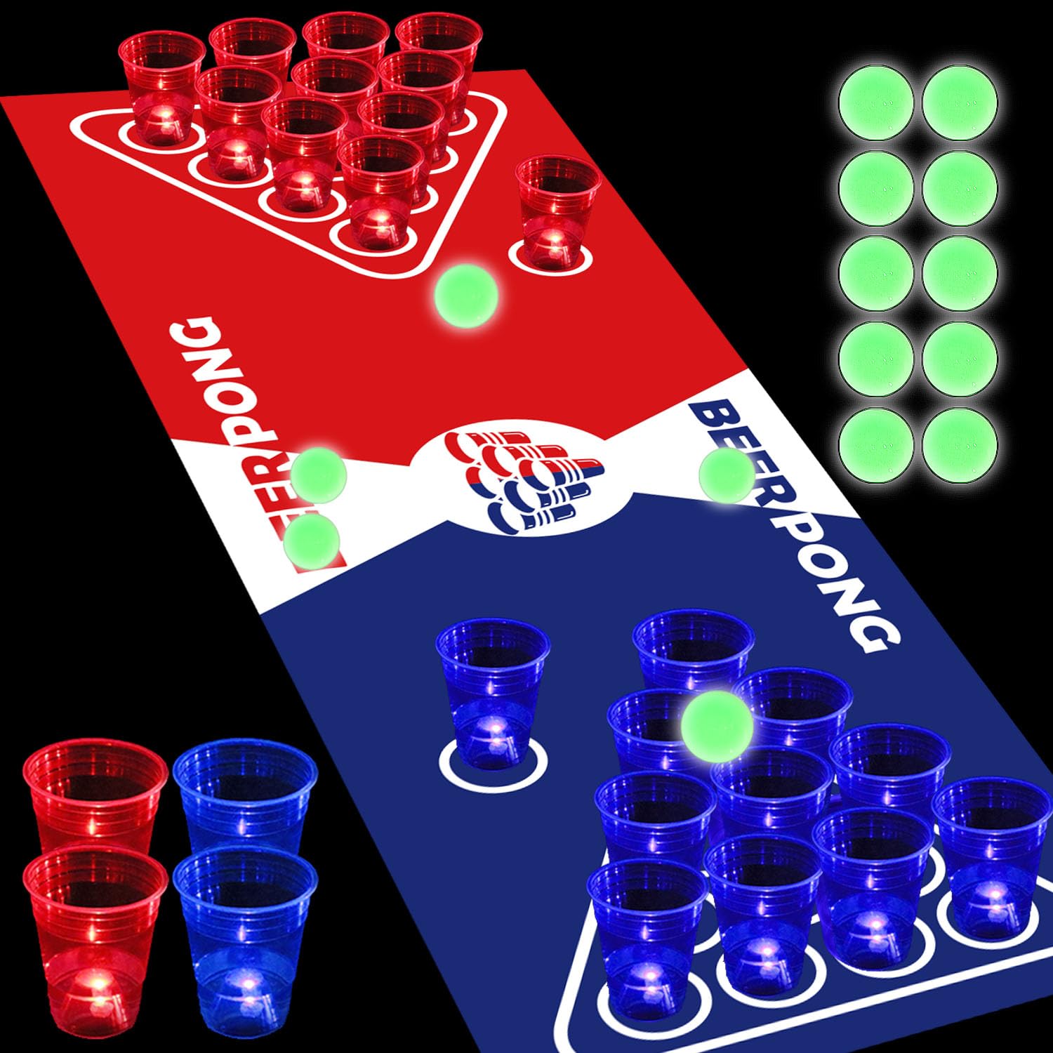 meishuneu 71 * 23 Inch Glow Beer Pong Table Cover Set, Luminous Portable Pong Set for Party Games, 32 Glow Party Cups (Red and Blue), 12 Glow Pong