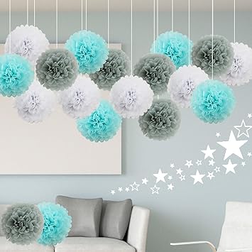 18 Piezas Pompones De Papel De Seda Blanco Gris Azul Claro Bola