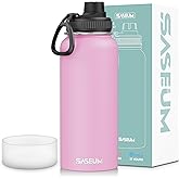 SASEUM Sport Water Bottle 32oz Stainless Steel Double Wall Vacuum Thermal Mug with Leak Proof Spout Lids, Wide Mouth Metal Insulated Water Jug for Gym and Travel(Pink)
