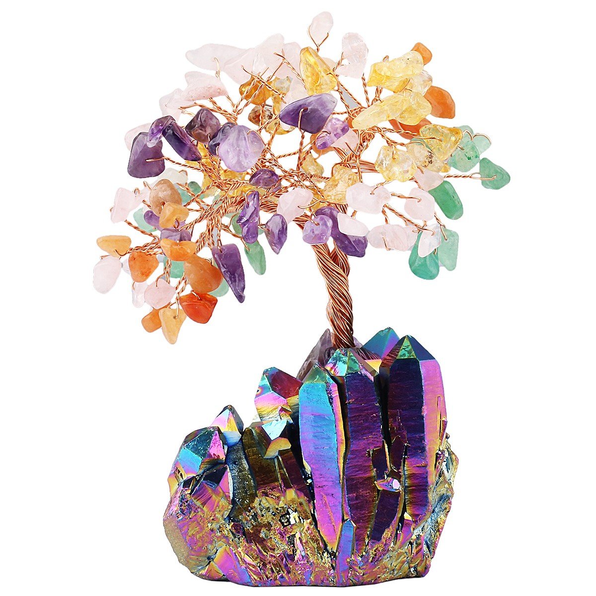 mookaitedecor Chakra Crystal Money Tree, Gemstone Feng Shui Ornaments Crystal Bonsai Tree of Life Good Luck Gift Colourful Bedroom Decor, Rainbow Aura Quartz Ornament Titanium Coated Crystal Tree