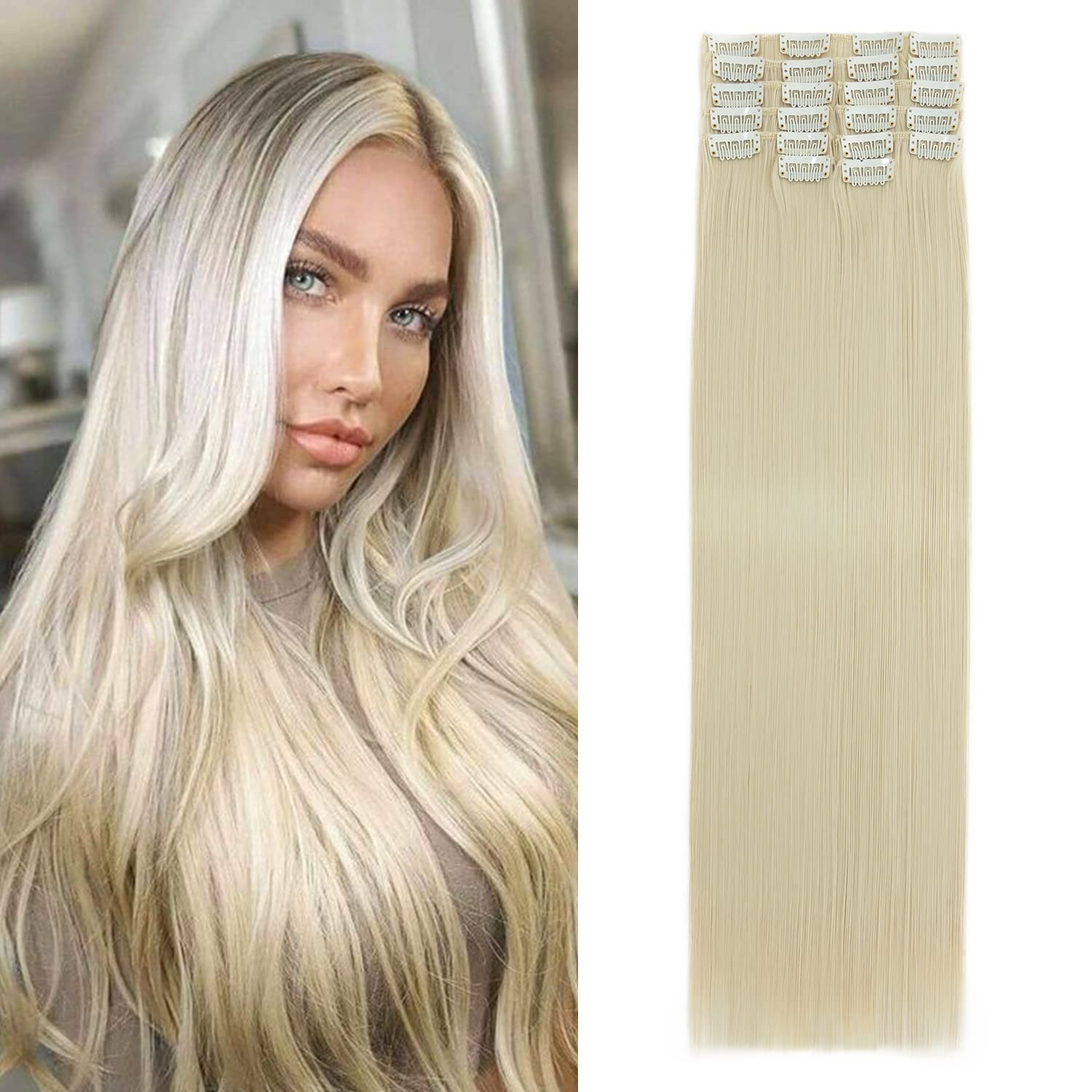 S-Noilite 22 Inches Long Straight Hair Extensions Clip in Full Head 12PCS Hair Extensions Clip on Synthetic Fiber Hairpieces for Women - Bleach Blonde โ image 1