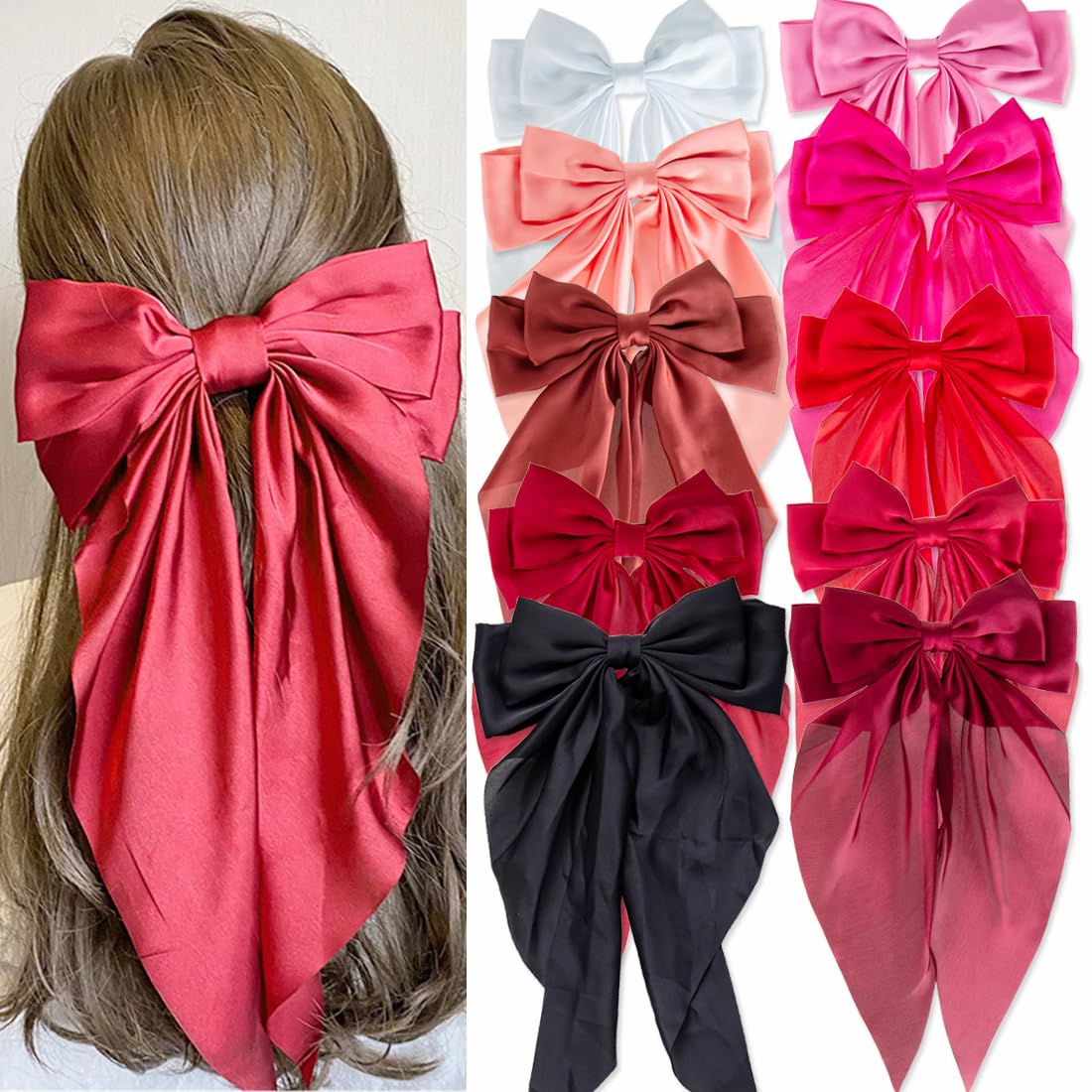 Photo 1 of 10 PCS Hair Bows,Big Bows for Girls and Womens,Hair Bows for Womens,Hair Ribbons,Large Hair Bow for Women,Big Hair Bow,Bows for Women,Oversized Long-tail Cute Aesthetic Hair Accessories?Red Series?