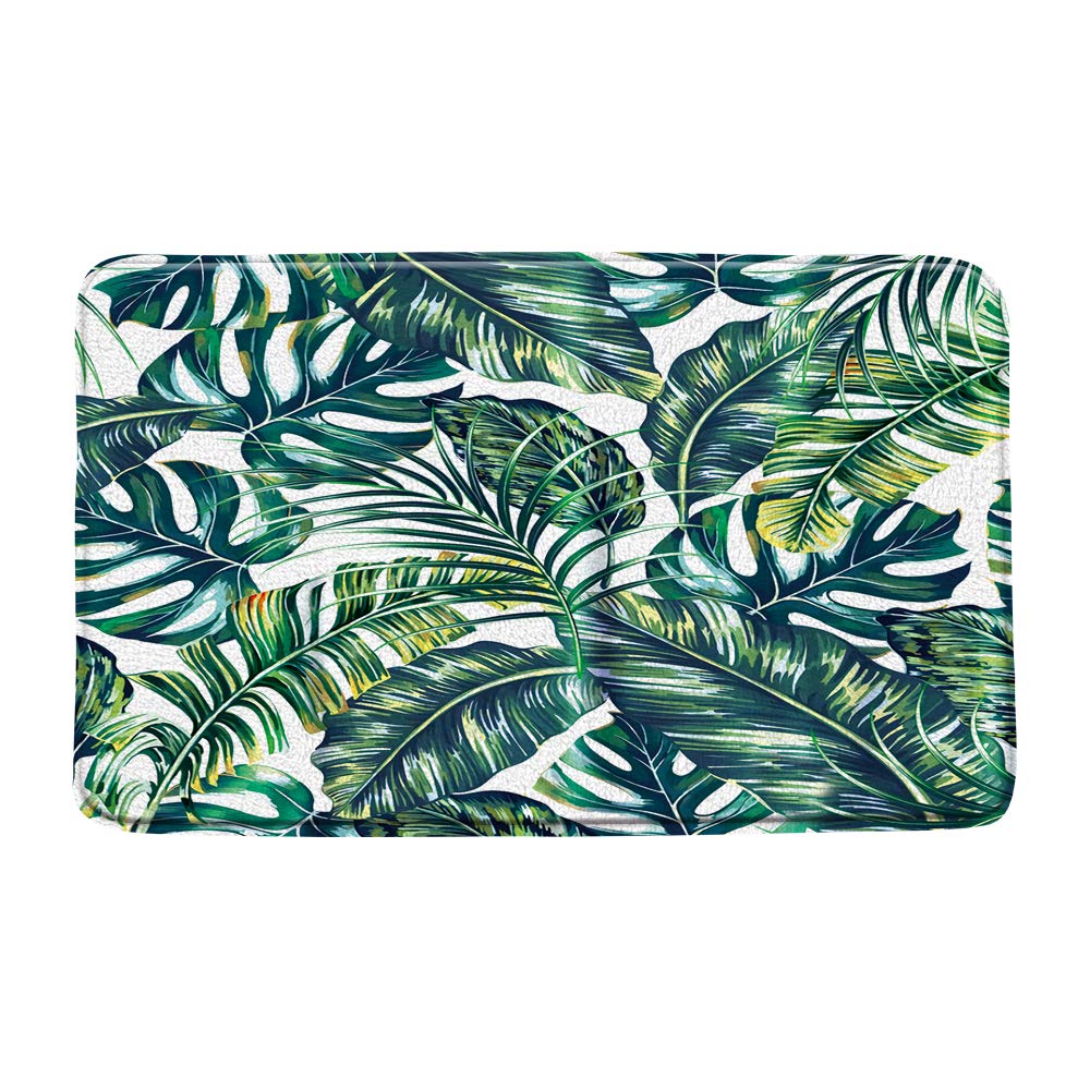 LIVEFUN Green Leaves Bath Mat Tropical Palm Banana Leaf Exotic Summer Plants Hawaii Jungle Woodland Microfiber Memory Foam Bathroom Rugs,20x31Inch