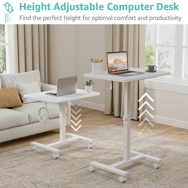 WINAZ SMALL WHITE STANDING ROLLING DESK – 24 INCH PORTABLE MOBILE STAND UP KIDS DESK ADJUSTABLE HEIGHT WITH WHEELS FOR SMALL SPACES, COUCH LAPTOP DESKS SIDE END TABLE FOR HOME OFFICE
