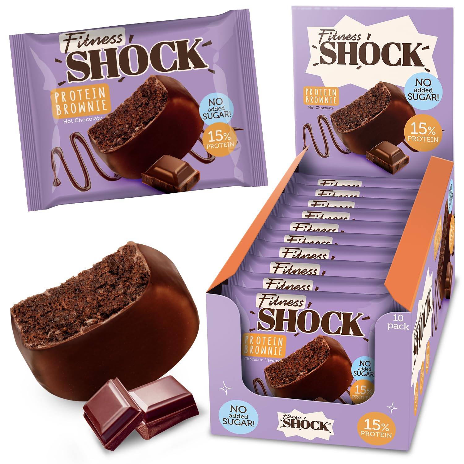 FitnesSHOCK Chocolate Brownie without Added Sugar, 15% Protein, satiating dietary fibre, Soft Texture, 10 Pieces, 50g
