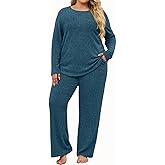 Koscacy Womens Plus Size Lounge Sets 2 Piece Casual Long Sleeve Top and Pants with Pockets
