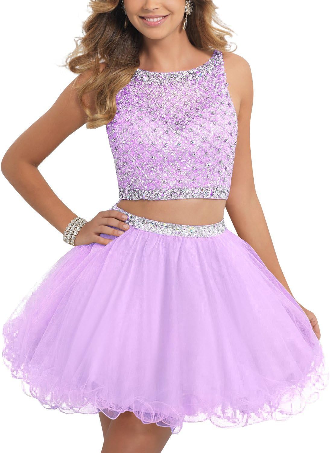 ALW Women's Two Piece Beaded Bodice Tulle Prom Dress Cocktail Party Dress Ball Gown Homecoming Dress ALW-059