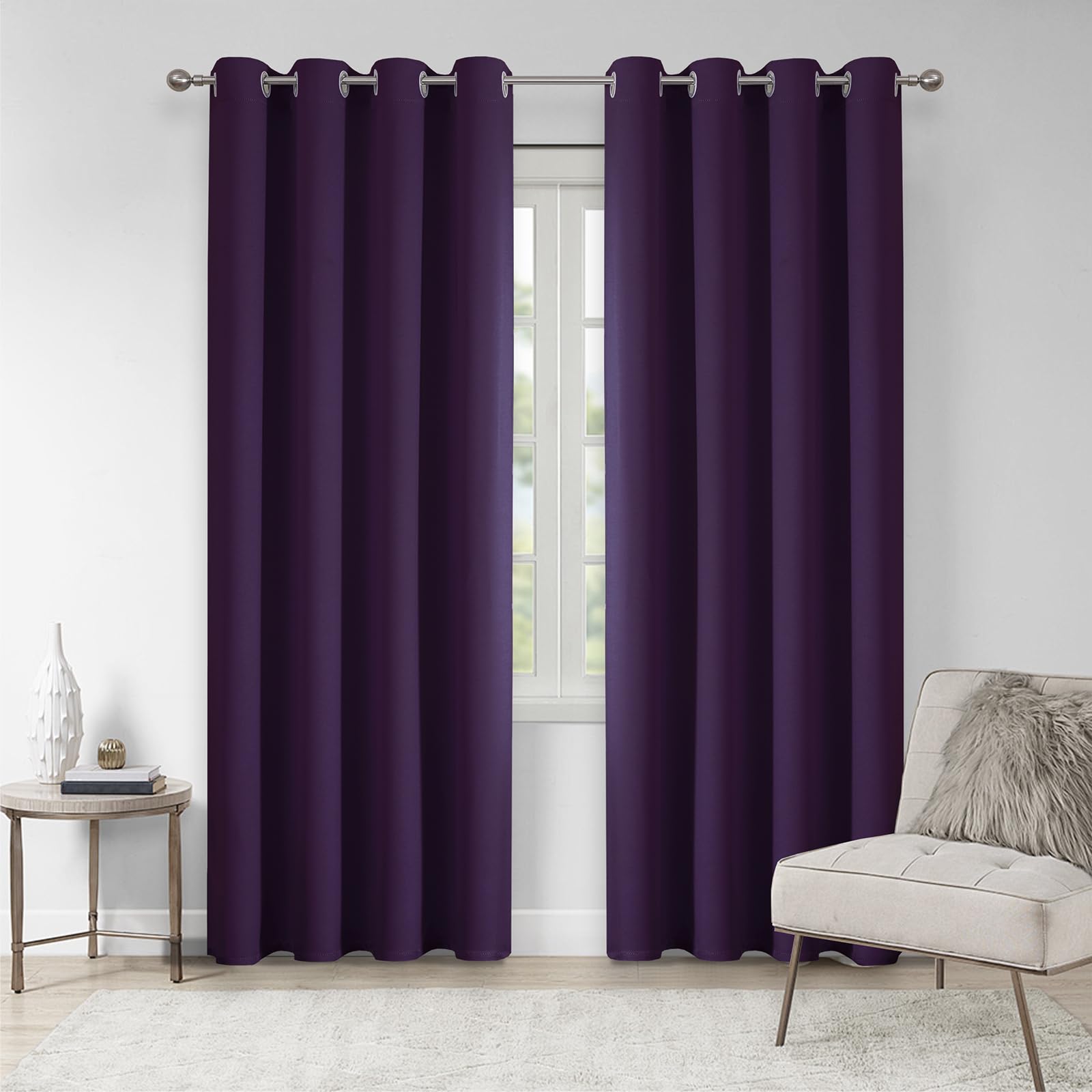 VEHEDE Blackout Thermal Curtains for Living Room, Soft Eyelet Purple Curtains for Bedroom, Soundproof Curtain and Drapes for Sliding Door, W46 x L72 Inch, Purple, 2 Panels