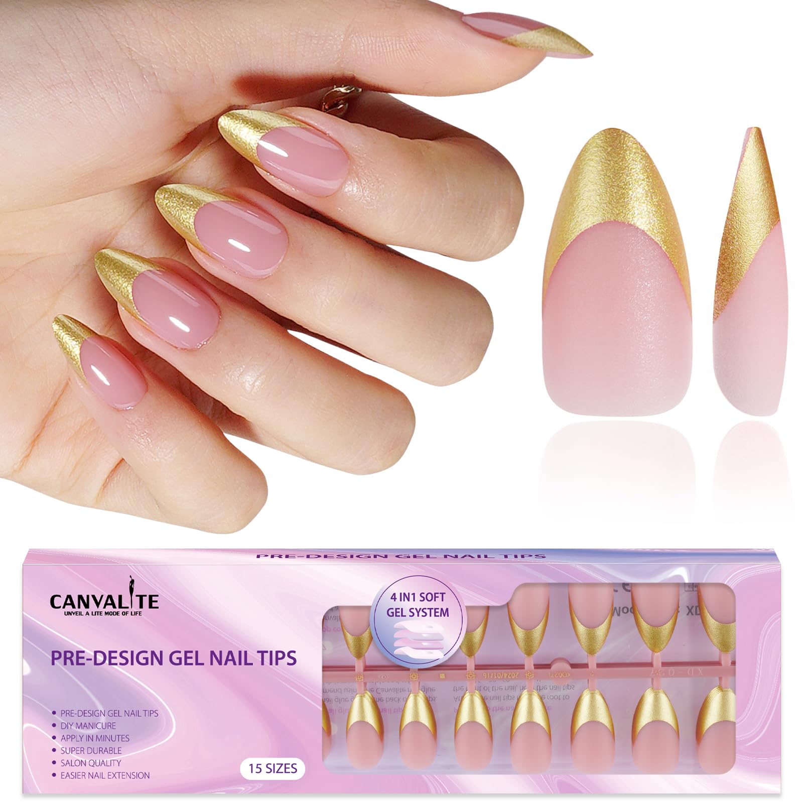 Photo 1 of Canvalite Chrome French Tip Press on Nails - Pre-Colored Quick and Easy Press on Nails Medium Almond Fake Nails with Designs DIY Gel Nail Tips 150Pcs, Gold