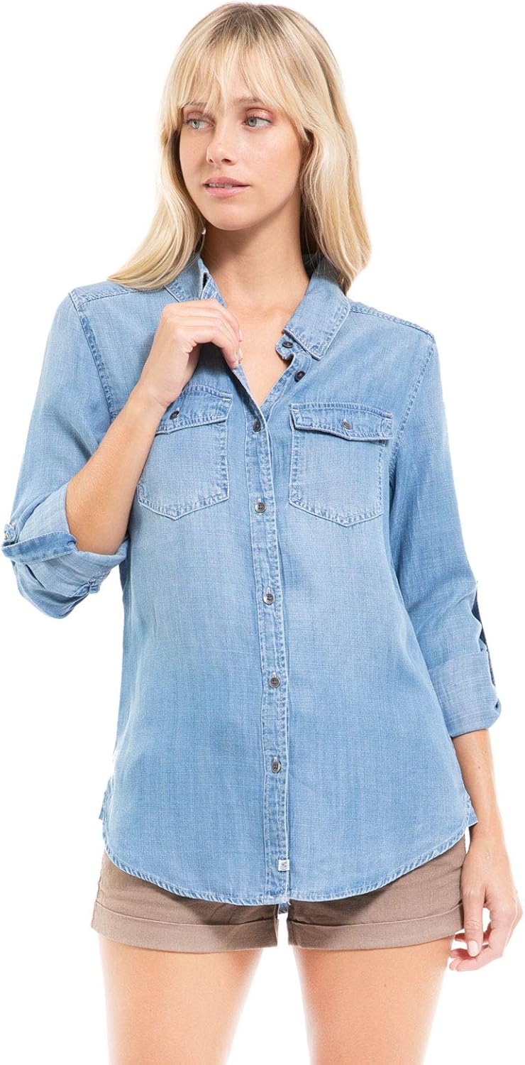 Design by Olivia Women's Classic Long/Roll Up Sleeve Button Down Denim Chambray Shirt: Clothing