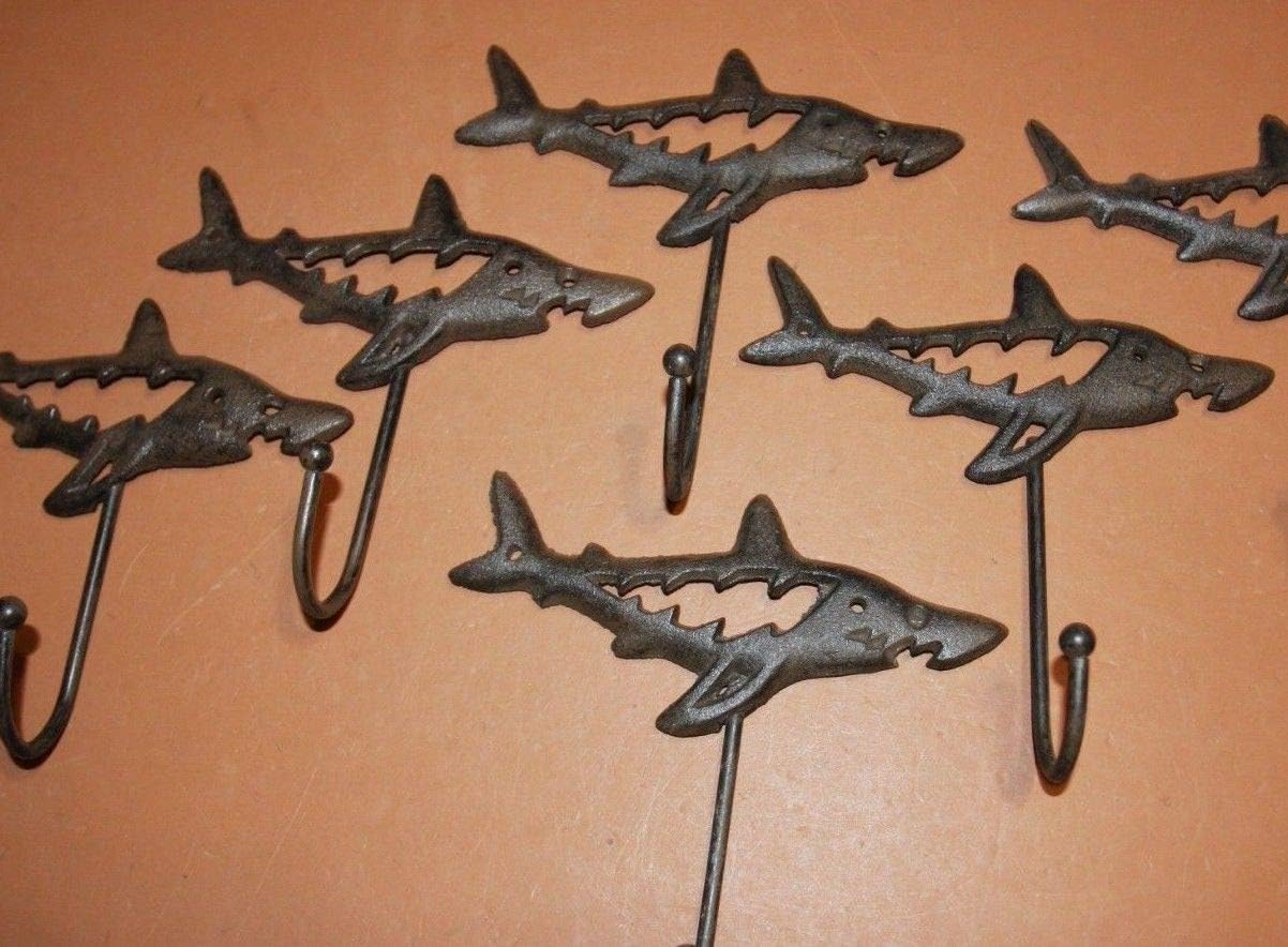 Southern Metal Shark Coat Hooks, Rustic Brown cast Iron, Salt Water Fish Ocean Wall Decor, Set of 6 N-37