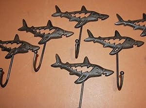 Southern Metal Shark Coat Hooks, Rustic Brown cast Iron, Salt Water Fish Ocean Wall Decor, Set of 6 N-37
