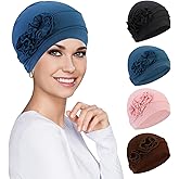XEPST 4 Pieces Chemo Headwear for Women, Turbans Cap Beanie Hat Head Wraps Hair Coverings for Women, Women's Sleep Caps Chemo Cancer Hat with Flower Design (Pink, Black, Hole Blue, Brown)