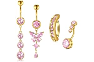 D.Bella Belly Button Ring Dangle Navel Belly Piercing Jewelry Cute Pink CZ Heart Butterfly Clicker Navel Belly Rings for Wome