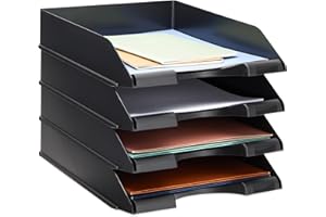 Stockroom Plus Letter Tray - Stackable Desk Organizer Trays - Desktop File Organizer - Mail & Document Storage - Pack of 4, Black, 10 x 13.5 x 2.5 in