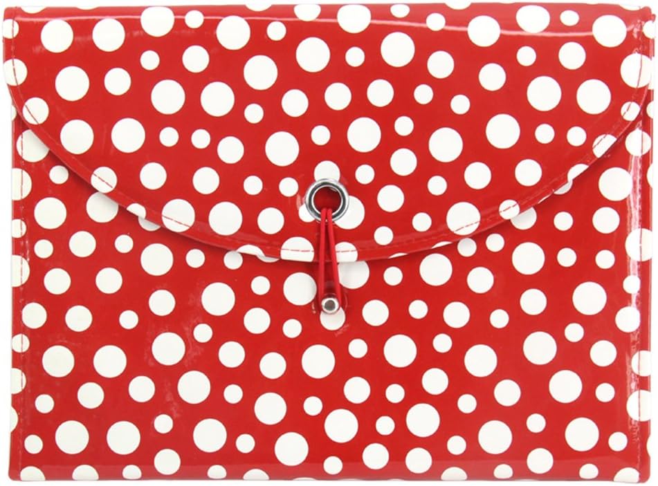 Ozzptuu A4 Size 13 Pockets Expanding Accordion File Folder Leather White Dot Business File Document Organizer Bag with Button & String Closure (Red)