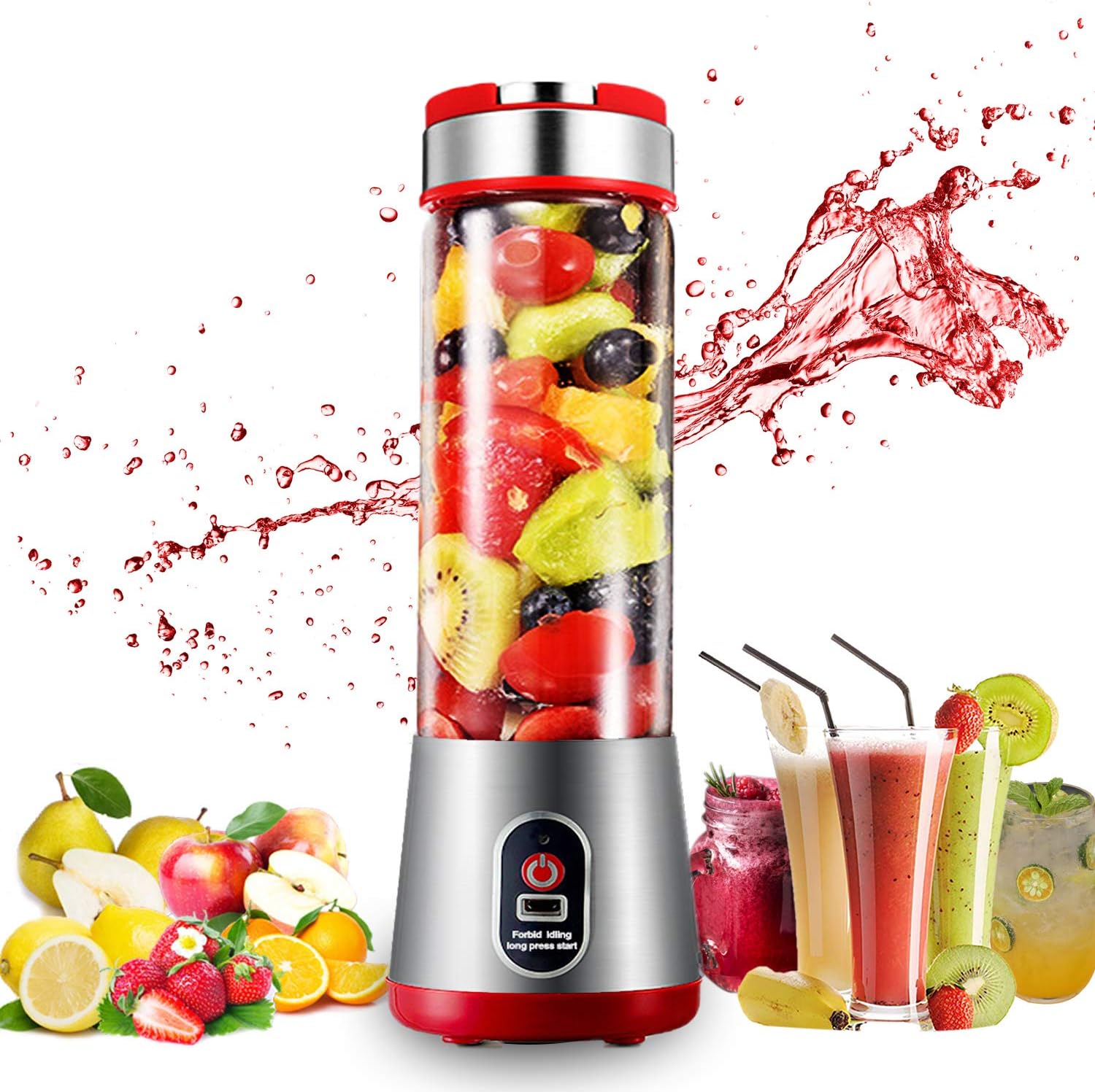 Portable Blender,Mini Travel Personal Glass Blender Juicer for Shake and Smoothie with 16oz USB Rechargeable 6 Blades 7.4V for Fresh Fruit Juice,Daiquiri and Margaritas