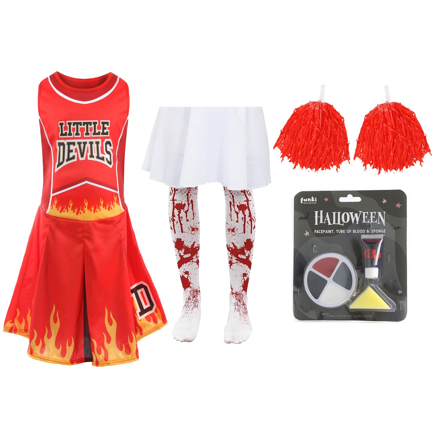 Girls Halloween Devil Cheerleader - Medium 7-9 Years - Red Cheerleader Dress with Red Pom Poms, Bloody Tights, Fake Blood and Facepaint