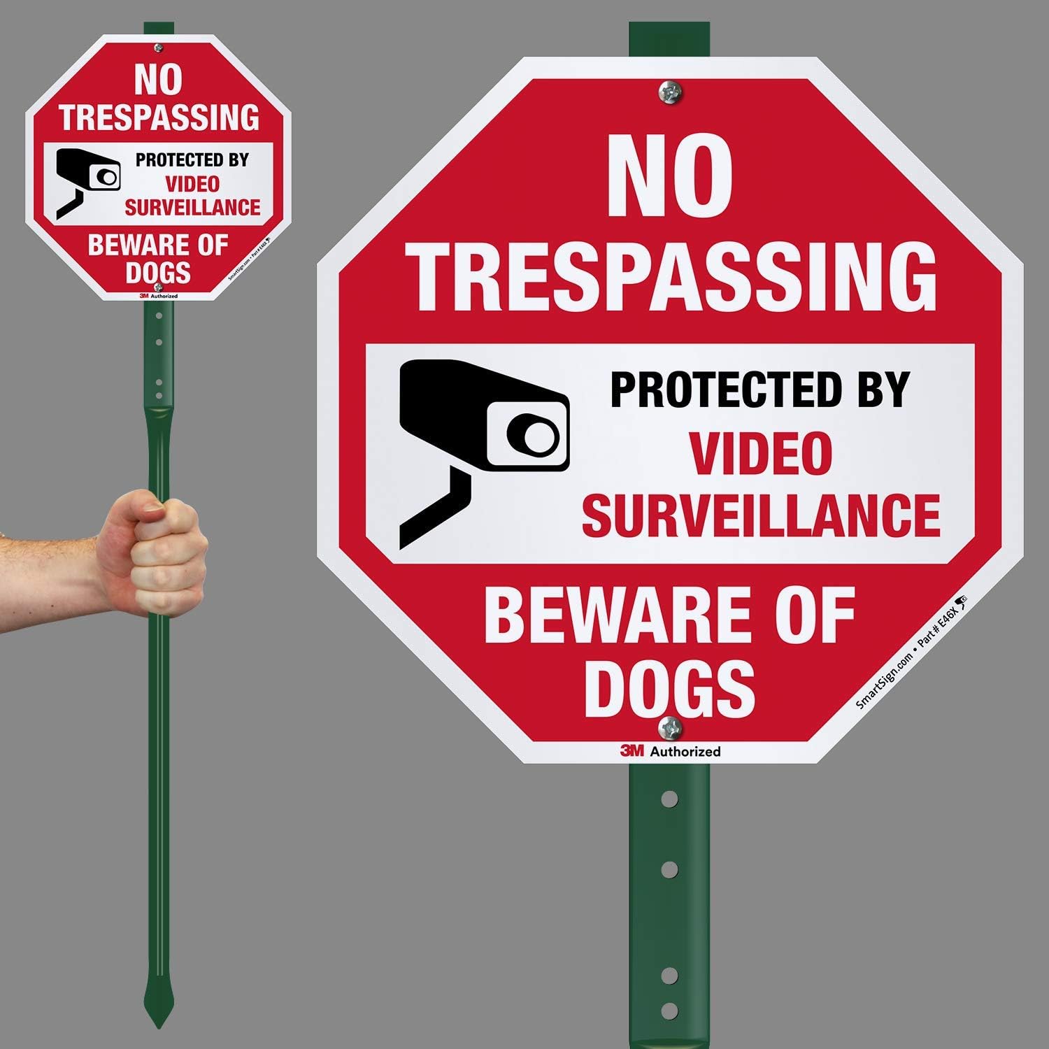 SmartSign 10" x 10" 'No Trespassing Protected By Video Surveillance Beware Of Dogs' Octagonal Yard Sign with 3 ft Stake, 40 mil Aluminum 3M Laminated Engineer Grade Reflective, USA-Made