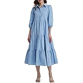 Kedera Womens 3/4 Sleeve Tiered Maxi Dresses Casual Button Down Tie Waist Flowy Shirt Midi Dresses Long Ruffle Sundress