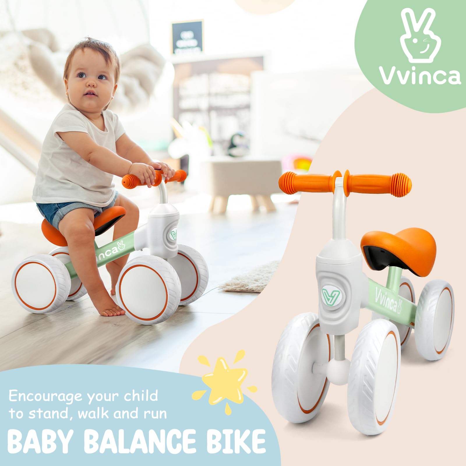 Baby Balance Bike for 1 Year Old Boys Girls, 10-24 Months Toddler Balance Bike with No Pedal 4 Silence Wheels Children First Birthday Toys Gifts Vvinca