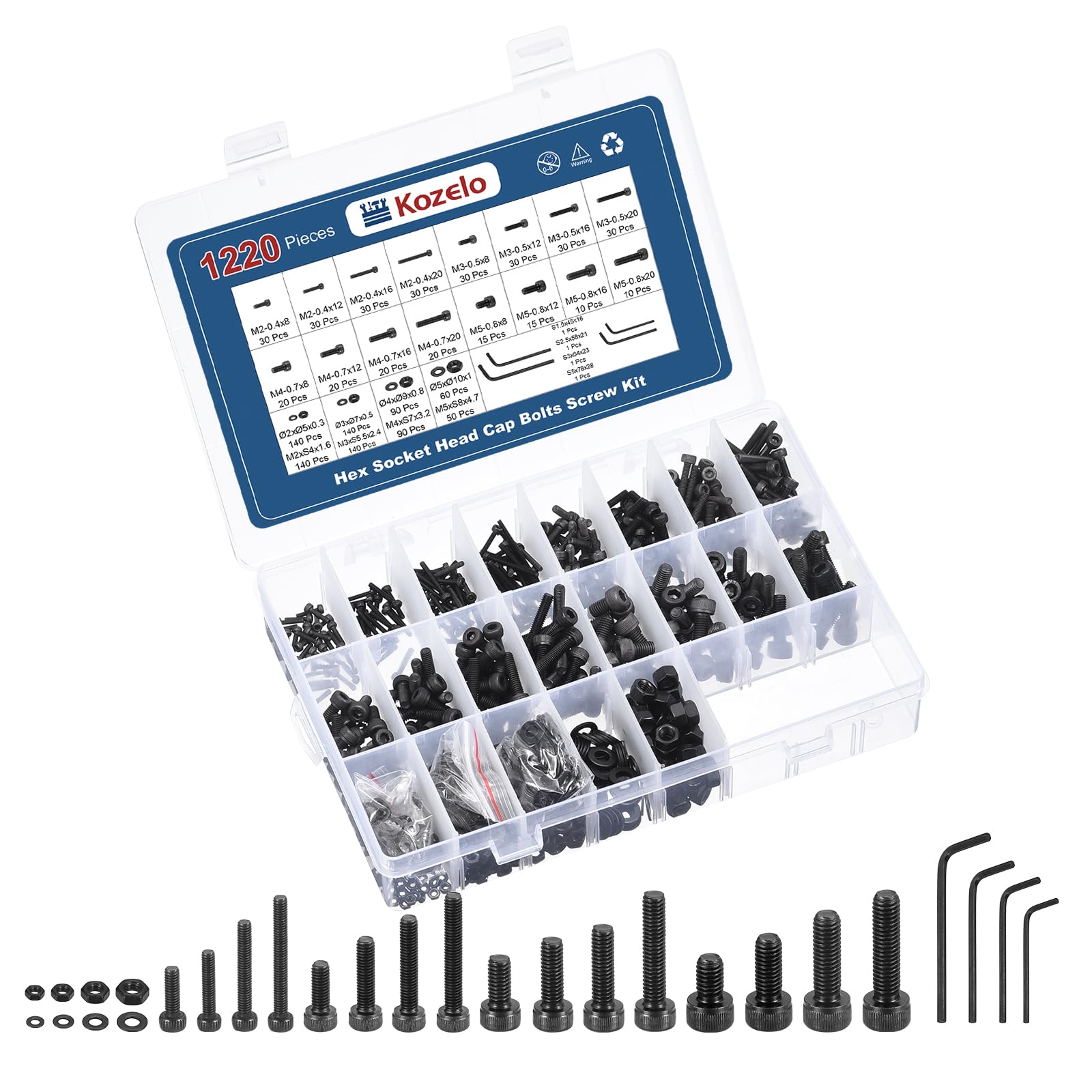 Kozelo 1220pcs Socket Head Cap Screws Bolts Nuts Assortment Kit - [M2/M3/M4/M5] Alloy Steel Fully Threaded Black Oxide 12.9 Internal Hex Screw for 3D Printer Use, with Wrench