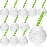 Sawysine 12 Set Golf Ball Cups with Straws and Lids - 10 oz Reusable Golf Plastic Cups Bulk for Kids Birthday Theme Party Supplies