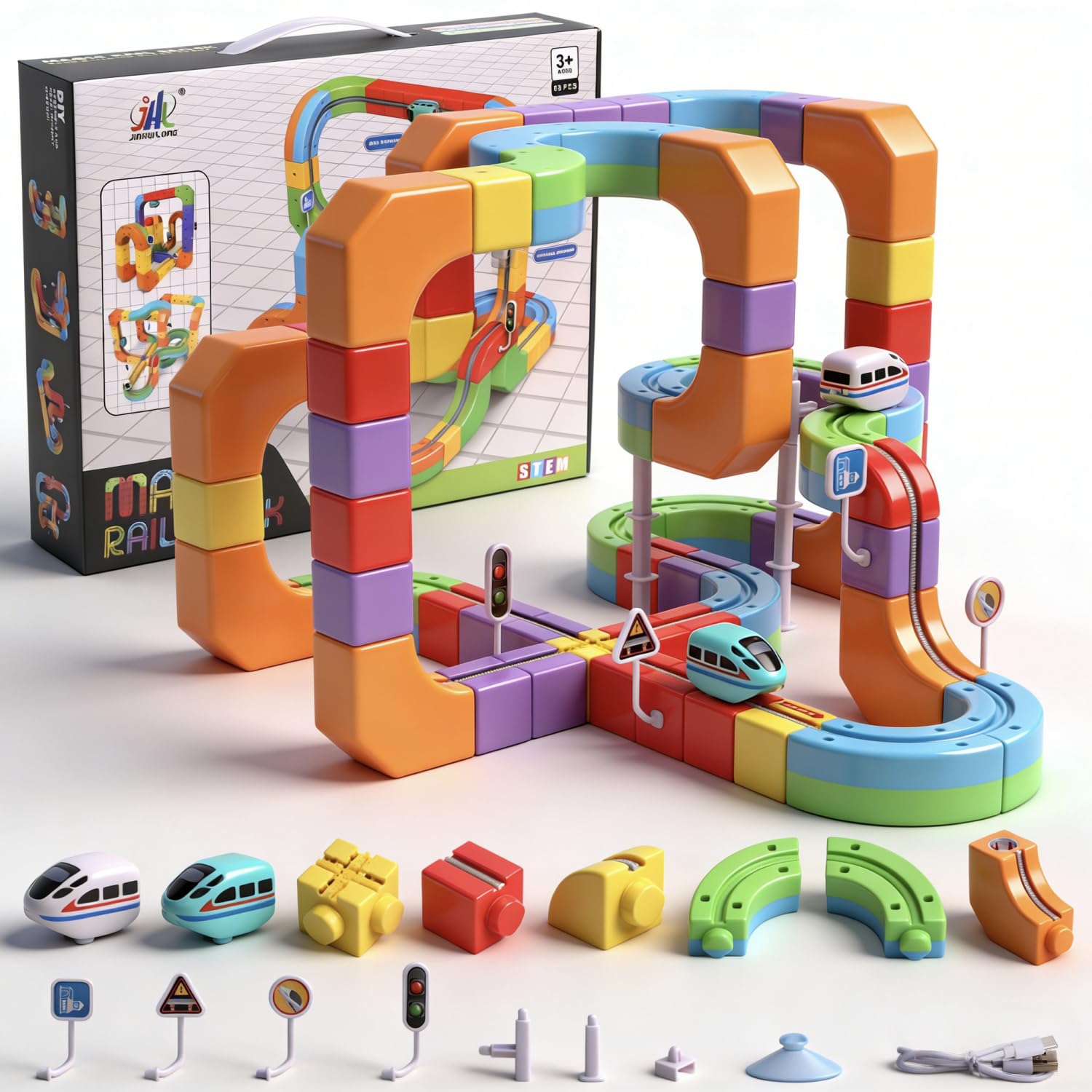 Azazaza Clickrail Electric Train Set, 3D STEM Magic Rail Cube Train Set, Track Fusion Toy with Flexible Building Race Track & Gravity-Defying Train, DIY Cube Track Educational Toy for Boys & Girls 3+