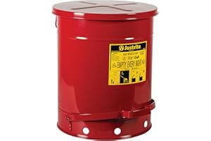 Justrite 09508 SoundGuard Galvanized Steel Oily Waste Safety Can with Foot Operated Cover, 14 Gallon Capacity, Red