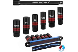SEDY 8-Piece 3/8''-Drive Spark Plug Socket Set, SAE & Metric Impact Spark Plug Socket Set with Magnetic Rail, 9/16-inch, 5/8-inch, 3/4-inch, 13/16-inch, 14mm, 18mm, Extension Bars