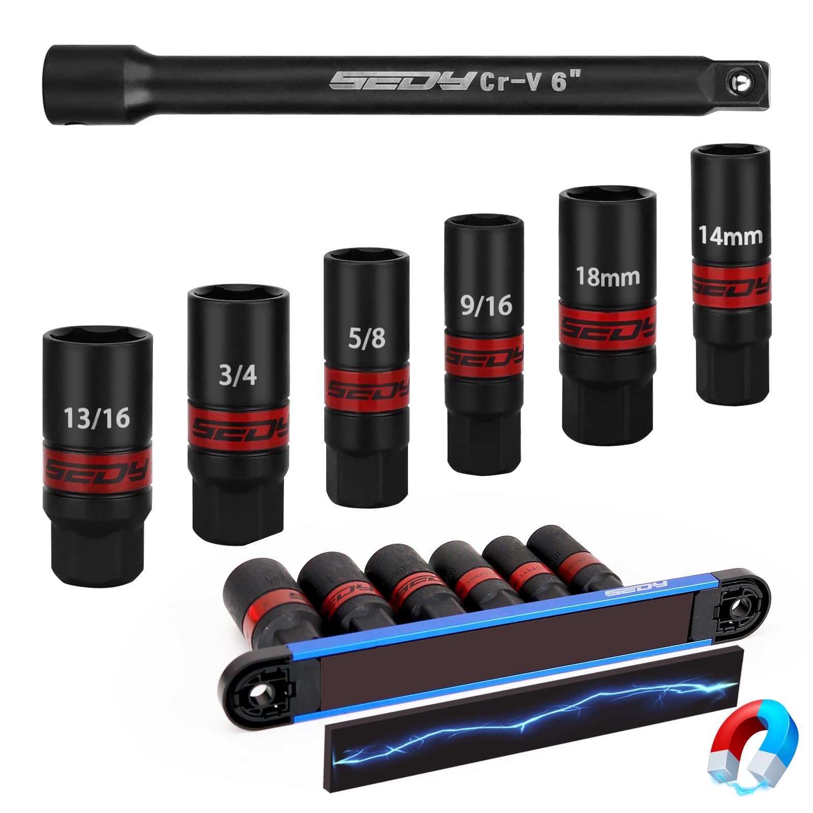 Photo 1 of 3/8''-Drive Spark Plug Socket Set: 7-Piece SAE & Metric Impact Spark Plug Socket Set with Magnetic Rail, 9/16-inch, 5/8-inch, 3/4-inch, 13/16-inch, 14mm, 18mm, Extension Bars