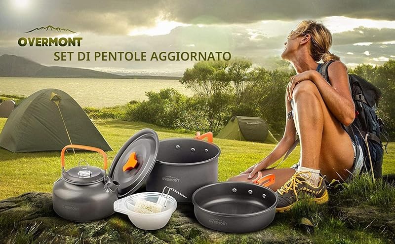 14 PCS Campeggio Pentole Utensili Set da Cucina Outdoor Bollitore Padella Pentola Portabile per Picnic Campeggio Trekking Escursione 1-3 Persone
