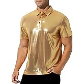 Casey Kevin Men's Metallic Polo Shirt 70s Disco Outfit Holographic Rave Short Sleeves Polo Shirt Top