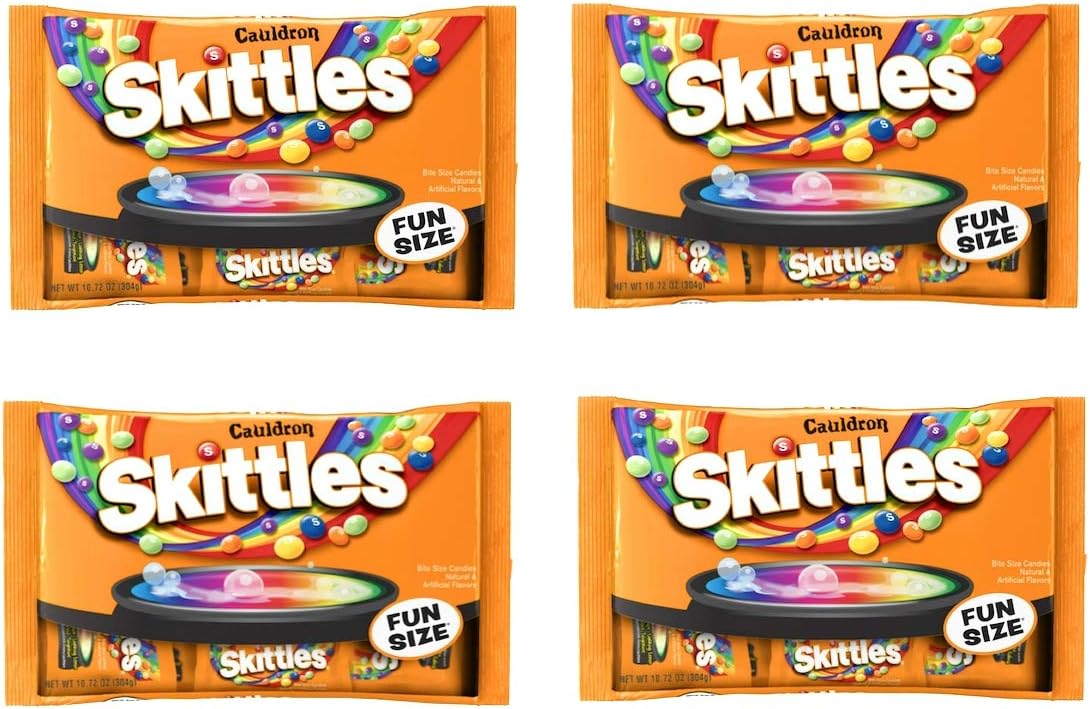 Skittles Cauldron Halloween Candy Fun Size - Pack of 4 Bags - Bulk Sour Mix - Individually Wrapped Packs