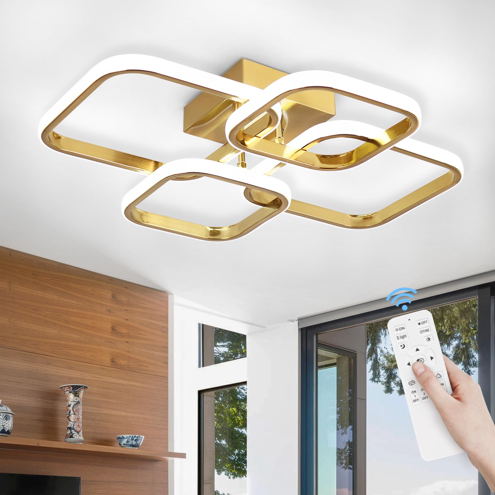 Photo 1 of Sovinzert Dimmable Modern Ceiling Lights, 4-Square Flush Mount Ceiling Lighting with Remote Control, 3000K-6000K Gold LED Ceiling Light Fixtures for Bedroom, Dining Room,Kitchen