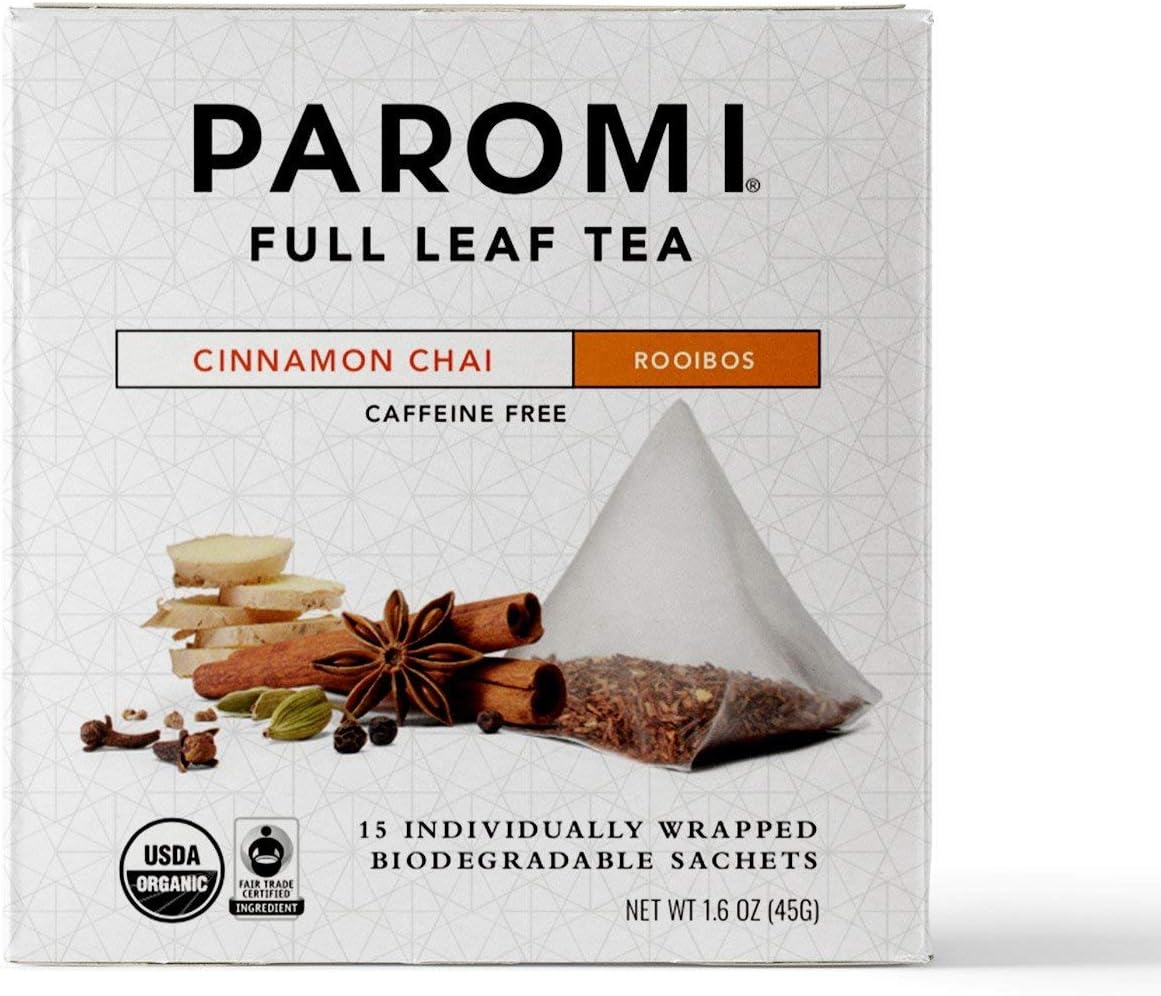 Paromi Tea Organic Cinnamon Chai Caffeine-Free Rooibos Tea, Non-GMO, 15 Pyramid Tea Bags