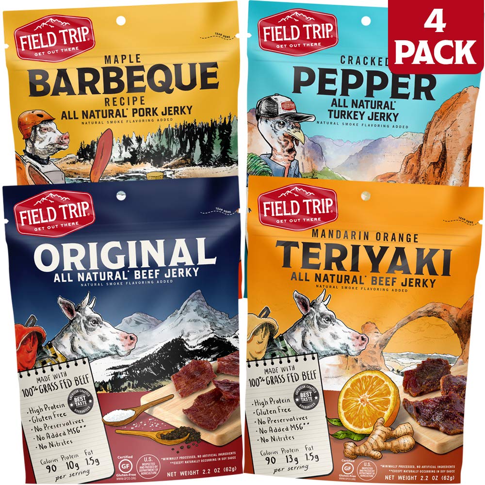 Field Trip All Natural Jerky Variety Pack | All Natural and Grass Fed Beef | Nitrate and Nitrite Free Low fat Protein Snack | 4 Count