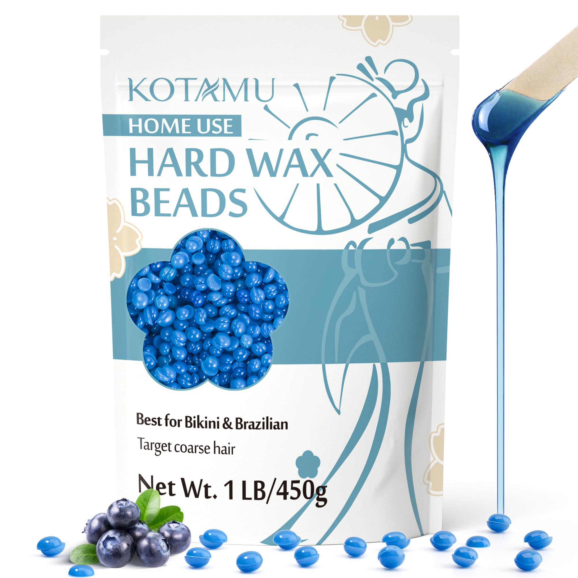 KOTAMU Wax Beads 450g Waxing Beads for Sensitive Skin Blue Hard Stripless Wax for Women Men Hair Removal Brazilian Arms Armpit Back Body Bikini Waxing at Home Salon (Coarse Hair Formula)