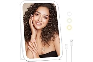 Naseto Travel Makeup Mirror with Lights,Rechargeable Lighted Vanity Mirror, 3 Color LED Lighting with Dimmable Brightness,Compact Light Up Cosmetic Mirror with Adjustable Stand for Women,8.6"x6.1"