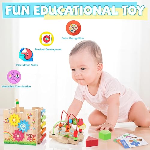 Bravmate Wooden Activity Cube, 8-in-1 Montessori Toys for 1-2 Year