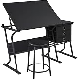 Yaheetech Tilting Drafting Table Art Craft Desk with Stool, Drawers, Black | Steel Frame and MDF Top Adjusts 0-40&deg; for Drawing or Diamond Painting, 3 Drawers and Shelf Organize Supplies in Small Spaces.