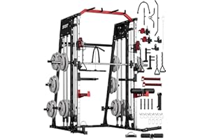 GarveeLife Smith Machine Home Gym All in One, 2200LBS Squat Rack Power Cage with Smith Bar, LAT Pull-Down, Cable Systems, Leg Hold-Down and More Attachments, Workout Equipment (Red Black)