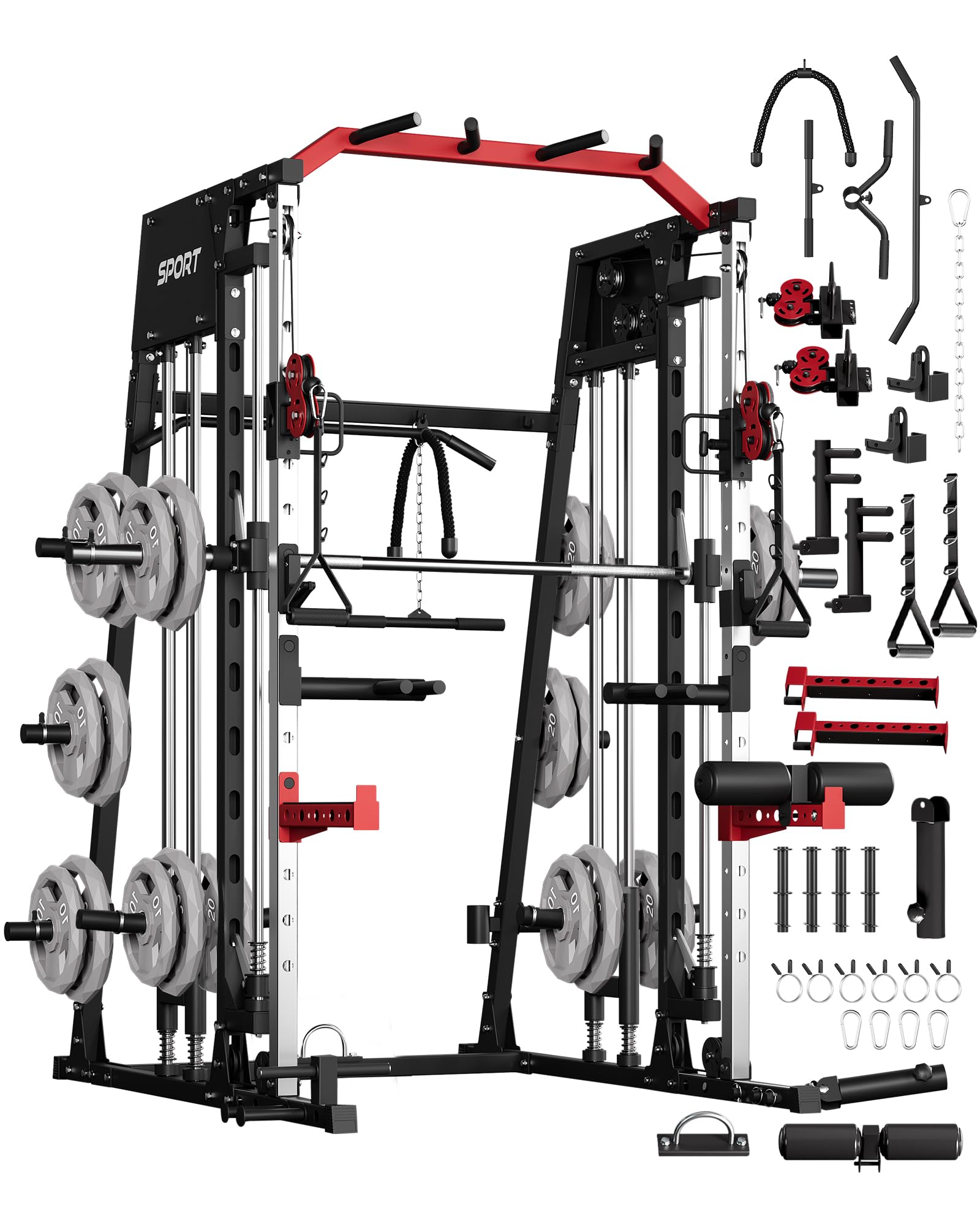 Photo 1 of ****ONLY PART A OF THE SET*****GarveeLife Smith Machine Home Gym All in One, 2200 LBS Squat Rack Power Cage with Smith Bar, LAT Pull-Down, Cable Systems, Leg Hold-Down and More Attachments, Workout Equipment (Red Black)