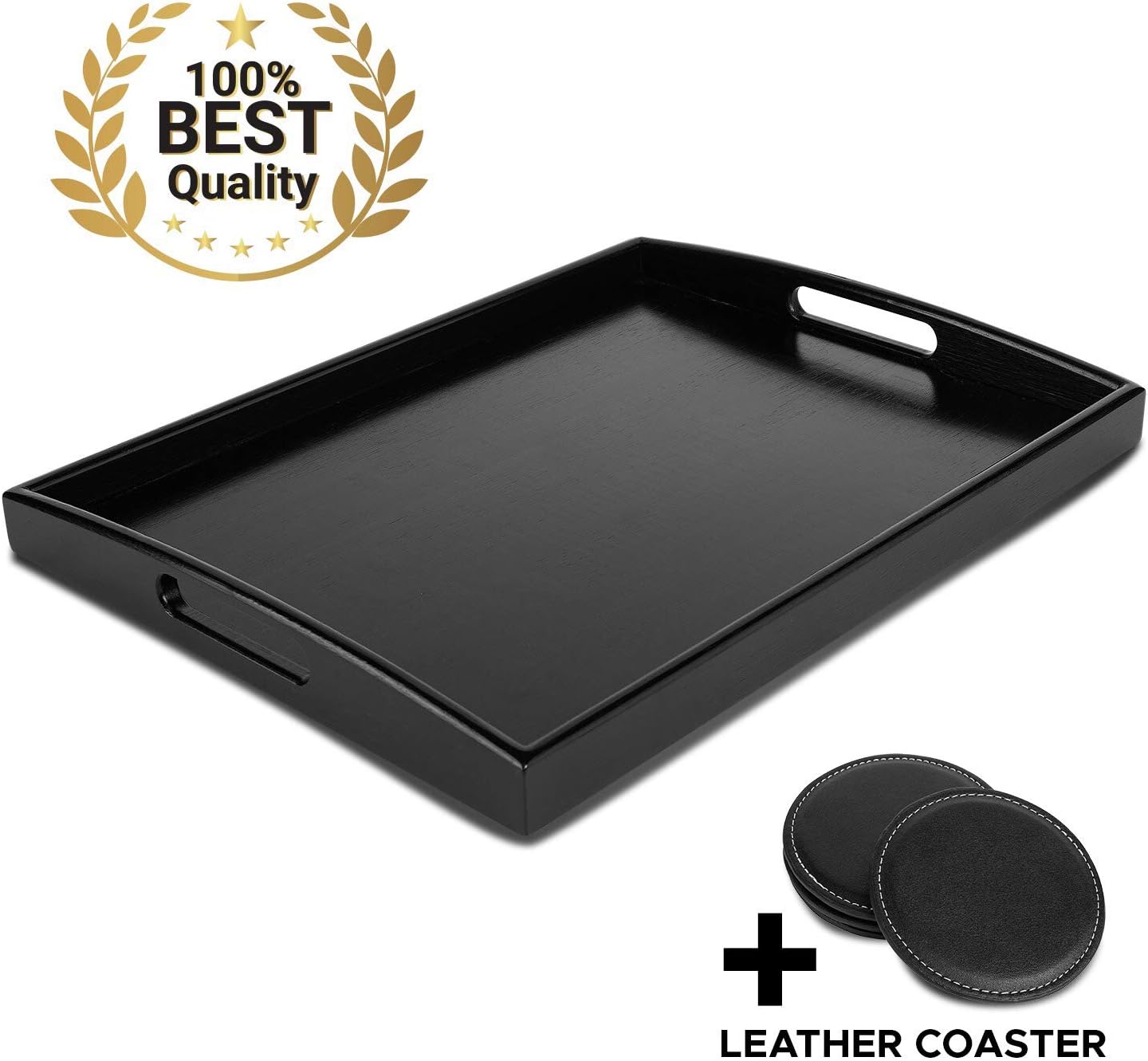 Decorative Black Wooden Bamboo Serving Tray Platter w/Handles For Breakfast Dinner, Ottoman Coffee Table, Parties, Food, Home, Bathroom, Appetizer, Drinks, Perfume, Cake (Medium) COASTERS INCLUDED