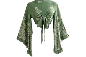 BEAUDRM Women's Boho Tops Western Country Concert Outfits Tie Front Long Bell Sleeve Tops 70s Hippie Disco Clothes